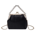 Elegant black pleated handbag with pearl handle and gold chain strap for women - Black
