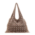 Bolso tipo cubo de punto marrón con perlas blancas y flecos estilo bohemio de otoño - Caqui