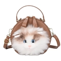 Borsa rotonda a tracolla in peluche marrone con faccia di gatto realistica e zip dorata - Cachi