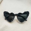 Fashionable heart-shaped bride sunglasses with black rhinestones and dark lenses - Black Crystal Beads