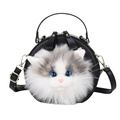 Borsa rotonda in pelle PU nera con decorazione realistica a forma di gatto in peluche - Nero