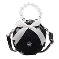 Black plush spherical handbag with large white satin bow and clear beaded handle - Black