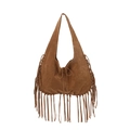 Vintage brown suede tote bag featuring bohemian long tassels and woven edge details - Tan