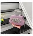 Pink glitter evening bag with crystal flower decoration and silver metal handle - Pink