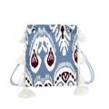 Borsa tote stile etnico con stampa astratta blu, nappe bianche e tracolla in corda blu - Blu