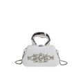 White evening clutch with sparkling finish and rhinestone floral detail on silver handle - White