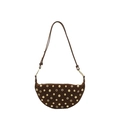 Dark brown suede crescent bag with gold metal rivets and bohemian shoulder strap style - Brown