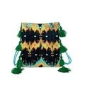 Sac seau ethnique à motif ikat avec franges vertes et fine bandoulière à cordon coulissant - Noir Orange
