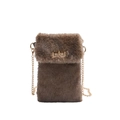 Brown faux fur mini crossbody phone bag with gold metal chain strap and twist lock - Khaki