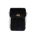 Black faux fur crossbody bag with elegant gold chain strap and rectangular turn-lock - Black
