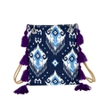 Sac fourre-tout ethnique bleu avec motifs, glands violets et cordons de serrage tissés - Bleu marine