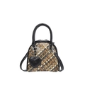 Retro woven shell handbag in brown and beige with a heart charm and top handles - Khaki