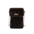 Dark brown plush crossbody bag with gold chain strap and metal turn-lock closure - Coffee