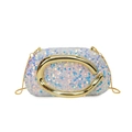 Glitter acrylic evening clutch bag with oversized golden C-buckle and chain strap - White