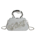 Borsa da sera argento con paillettes, fiori di strass e manico in metallo lucido - Argento