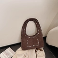Dark brown suede shoulder bag with silver rivet studs and a bohemian hobo silhouette - Small / Brown