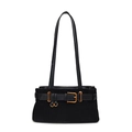 Vintage black frosted leather tote bag with gold buckle belt and thin shoulder straps - Black