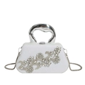 Elegante pochette da sera bianca glitterata con fiori di cristallo e manico argento - Bianco