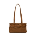 Caramel brown frosted suede tote bag with decorative buckle strap and long shoulder strap - Brown