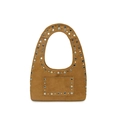 Brown suede shoulder bag featuring silver rivets and integrated curved handle design - Small / Brown