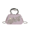 Pink sequined evening clutch bag with rhinestone floral pattern and silver top handle - Pink