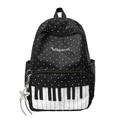 Polka dot music backpack with piano key design and star charm on white background - Black
