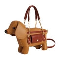 Creative dachshund-shaped crossbody bag in yellow and maroon faux leather with chain - Brown