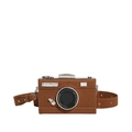 Retro camera-shaped crossbody bag in brown suede with metallic accents and stylish slogan - Dark Brown