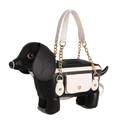 Creative dachshund-shaped black leather handbag with white handles and gold chain - Black