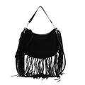 Retro zwarte suède hobo tas met lange franjes en goudkleurige rits details - Zwart