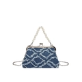Vintage denim shell bag with frayed diamond pattern and elegant pearl handle - Blue