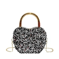 Chic heart-shaped sequin evening bag with black and white wavy patterns and gold handle - Silver
