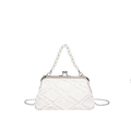 White vintage canvas bag with pearl handle and silver clasp, fringe tweed detail - White