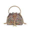 Luxuriöse Eimer-Abendtasche mit bunten Strasssteinen, Goldgriff und Quasten-Kordelzug - Bunter Zirkonia