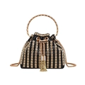 Rhinestone bucket bag in black and gold with tassel drawstring and ring handle - Black