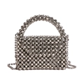 Silver woven beaded acrylic handbag with top handle and metallic crossbody ball chain - Silver
