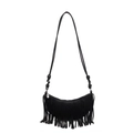 Sac demi-lune noir en daim avec franges denses et bandoulière ornée d'un nœud décoratif - Noir