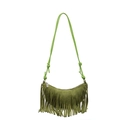 Sac demi-lune vert en daim style bohème avec de longues franges et une bandoulière chic - Vert
