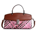 Borsa a mano in pelle marrone e tessuto multicolore con chiusura a rotazione e tracolla - Rosa
