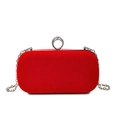 Elegant red velvet evening clutch bag with diamond ring clasp and silver chain strap - Red