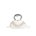White leather clutch with rhinestone fringe and silver curved metal handle - White