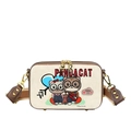 Chic cream camera crossbody bag featuring cute cartoon cats and a brown canvas strap - Brown