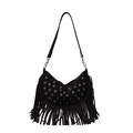 Sac bandoulière vintage en daim noir avec anneaux métalliques et design bohème à franges - Noir