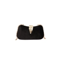 Elegant black velvet evening clutch bag with golden leaf clasp and chain strap - Black