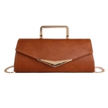 Brown litchi grain PU leather crossbody bag with gold handle and V-shaped metal clasp - Brown