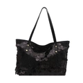 Schicke schwarze Pailletten-Shopper-Tasche mit Ledergriffen und goldfarbenen Nieten-Akzenten - Schwarz