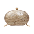 Oval acrylic clutch bag with marble pattern, gold metal chain, and rhinestone clasp - Gold