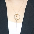 Minimalist geometric gold necklace with double circle pendant and vertical bar on model - Nested Ring Round Ball Long Bar Combination Style (8#)