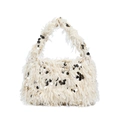 Chic beige faux fur handbag with sparkling sequins and top handle for elegant winter style - Rice White Small