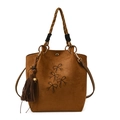 Brown suede bucket bag with bow embroidery and tassel detail in a minimalist 2025 style - With Pendant / Brown